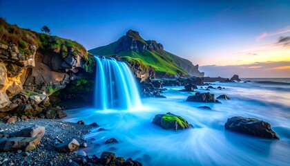 Beautiful waterfall cascading into ocean at sunset