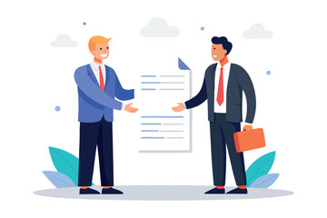 Two businessmen shaking hands after signing a contract isolated on white background