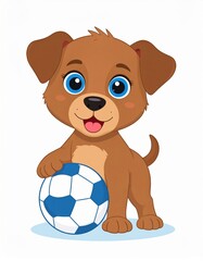 Fototapeta premium A cute cartoon puppy with big blue eyes plays with a blue and white soccer ball, exuding joy and playfulness.
