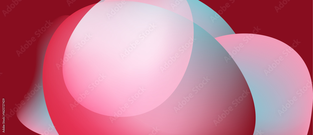 Poster abstract composition featuring overlapping circles. soft pinks, blues blend against deep red backgro