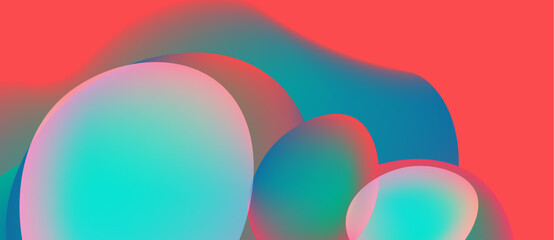 Abstract fluid shapes blend vibrant colors. Turquoise, coral, blue create dynamic composition. Soft gradients suggest movement, depth.