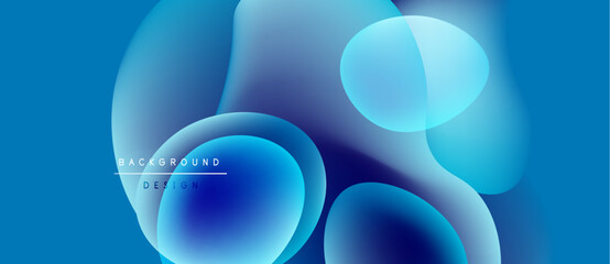Abstract blue shapes overlap, creating dynamic visual effect. Gradient colors suggest depth, modern design aesthetic. Background features text elements.