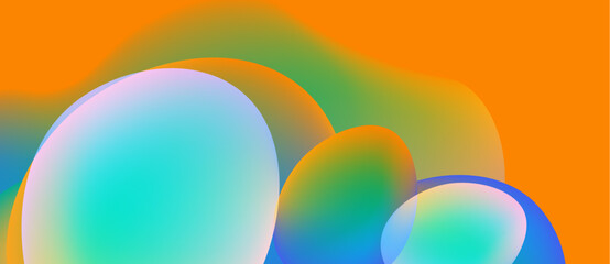 Abstract colorful orbs overlap, creating vibrant gradients. Orange background provides contrast, smooth transitions dominate composition.