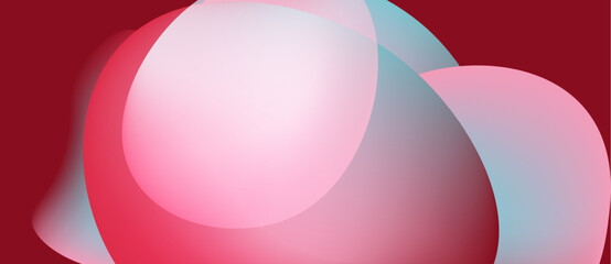 Abstract composition featuring overlapping circles. Soft pinks, blues blend against deep red background. Minimalist design, smooth gradients present.