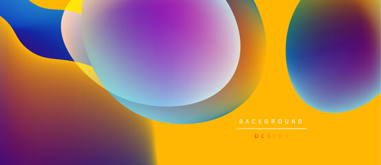 Abstract colorful shapes overlap, creating vibrant gradients. Yellow dominates background, purple, blue accents present. Modern design element.