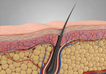 Detailed cross section of human skin showing hair follicle and layers