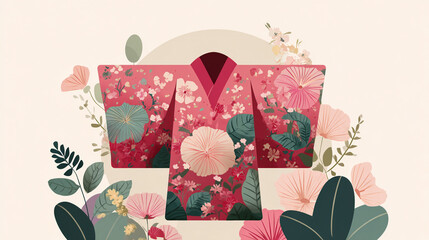 A flat design illustration of a traditional kimono with flowers