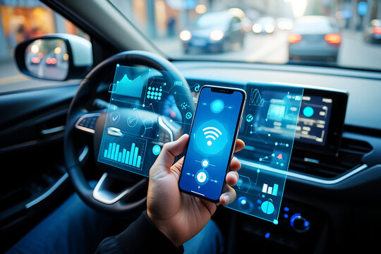 Car technology | Person holding smartphone interacting with futuristic car interface interior technology