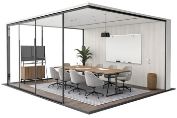 Glass-Enclosed Conference Room Interior with Wooden Table, Office Chairs, and Green Plants – Contemporary Corporate Meeting Space Design with Presentation Screen and Natural Decor