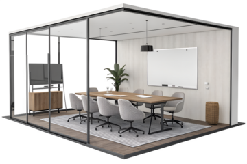 Glass-Enclosed Conference Room Interior with Wooden Table, Office Chairs, and Green Plants – Contemporary Corporate Meeting Space Design with Presentation Screen and Natural Decor