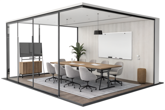 Glass-Enclosed Conference Room Interior with Wooden Table, Office Chairs, and Green Plants – Contemporary Corporate Meeting Space Design with Presentation Screen and Natural Decor