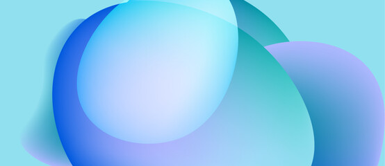 Abstract shapes overlap, creating soft blue gradients. Minimalist design evokes calm, fluid movement, modern aesthetic.