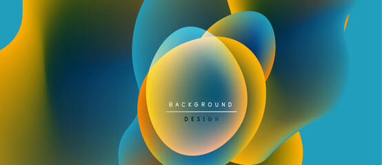 Abstract fluid shapes blend, creating vibrant color gradients. Yellows, blues dominate composition. Text reads background design. Modern aesthetic.