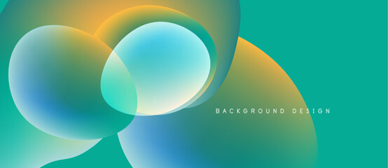 Abstract fluid shapes overlap, creating vibrant color gradients. Teal, blue, orange hues blend seamlessly. Modern design element.