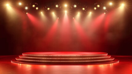 Empty stage with spotlights and red carpet.