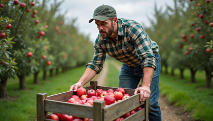 Man placing fresh red apples in wooden box in garden