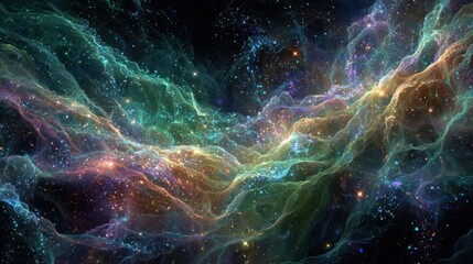 Stunning cosmic cloud of ethereal light and color spreads across deep black space