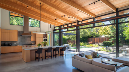 Fototapeta premium Modern home interior with open layout natural light and outdoor view.