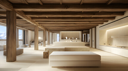 Obraz premium Interior view of a modern building with wooden beams and neutral colors.