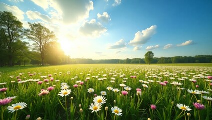 Alpen Meadow in Spring &ndash; Bright Green Fields with Colorful Wildflowers