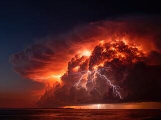 Fiery storm cloud over ocean at night