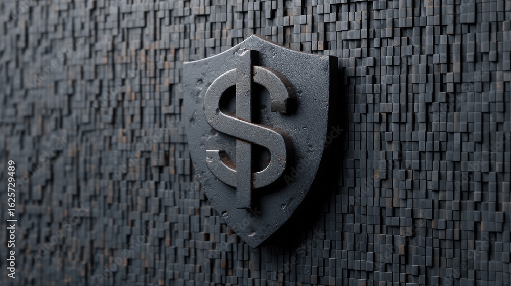 Poster anonymous browsing cybersecurity concept. symbolic black dollar sign shield on a textured dark backg