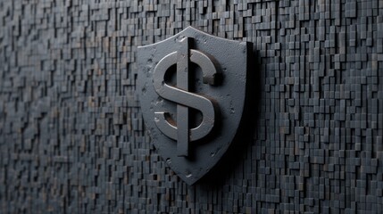 anonymous browsing cybersecurity concept. Symbolic black dollar sign shield on a textured dark background representing finance or security.