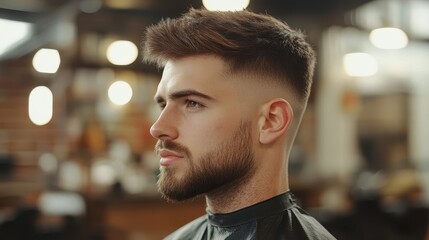 Fototapeta premium Handsome man with faded haircut & beard, in a barbershop, profile. Use it for barber shop, style, or male beauty concepts.