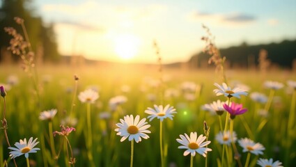 Obraz premium Alpen Meadow in Spring – Bright Green Fields with Colorful Wildflowers