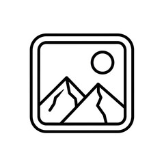 Stunning mountain landscape icon symbolizing adventure, nature, and exploration with a radiant sun overhead