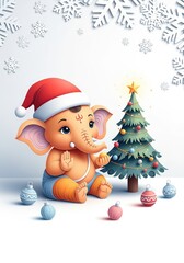 Fototapeta premium A cute baby elephant wearing a santa hat is sitting next to a christmas tree surrounded by ornaments