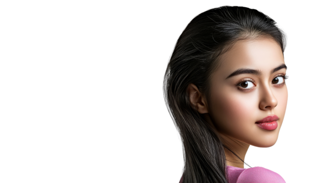 Young woman with long hair looking back in a casual pose