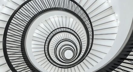 Dynamic spiral staircase design with modern architecture, elegant lines, and a minimalist aesthetic, offering a stunning visual experience