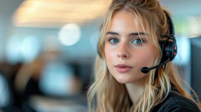 Young woman provides customer support in a modern office environment with headset and computer setup