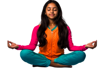 Child meditating peacefully with closed eyes in colorful attire
