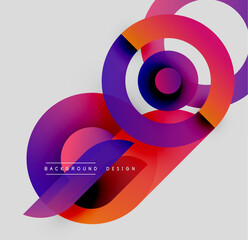 Abstract colorful circles overlap, creating dynamic visual effect. Gradient shades blend, forming modern background design.