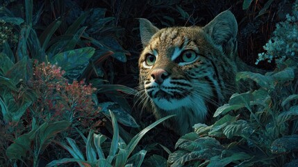 A bobcat, alert and curious, peers from a lush, dimly lit, tropical or subtropical foliage.  The subdued teal and burgundy tones create a mysterious, almost surreal atmosphere
