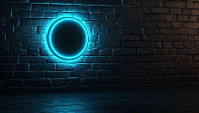 Glowing blue oval neon light on a dark brick wall - Powered by Adobe