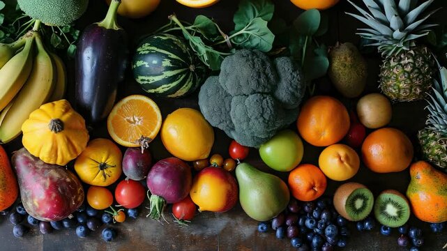 Colorful display of fresh fruits and vegetables arranged on a rustic wooden table showcasing various shapes and colors in a vibrant composition