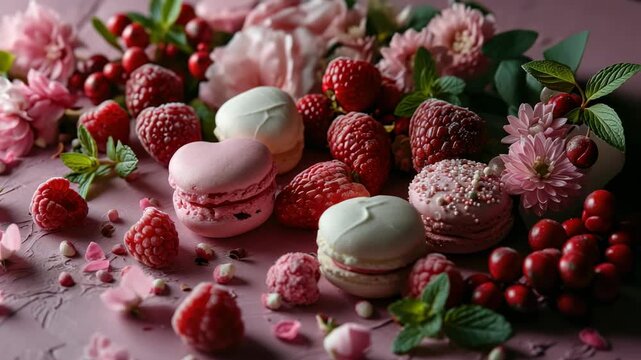 Elegant dessert display of heart-shaped macarons and fresh berries arranged with floral accents