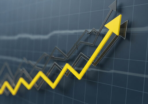Yellow arrow pointing upwards on a graph representing business growth and financial success in the market