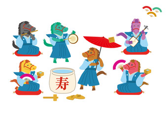 2026年　午年　年賀状用　干支の馬の新年会イラスト