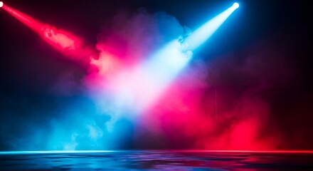Dramatic Stage Lighting with Red and Blue Spotlights and Mysterious Fog A Vibrant Theatrical Backdrop