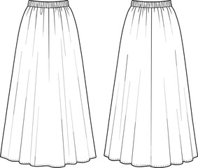 Long flowy skirt fashion flat, technical garment sketch, front and back view, elastic waistband detail, black and white CAD drawing