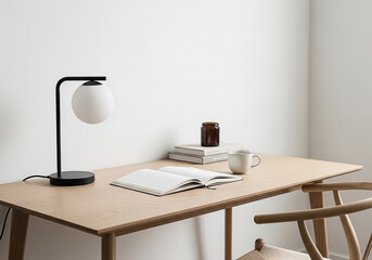 Minimalist home office setup featuring a wooden desk lamp and open notebook creating a calming and productive atmosphere