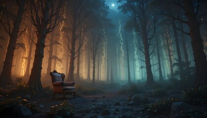 A lone vintage armchair in the middle of a bioluminescent alien forest at night