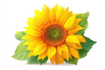 Obraz premium Vibrant sunflower with lush leaves against a white background