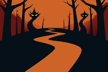 Spooky forest path with glowing eyed creatures on halloween night