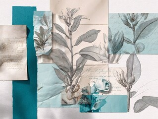 A collage art of a plant sketch with old paper textures