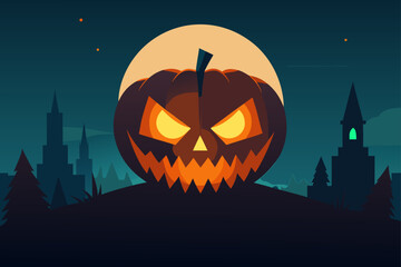 Spooky jack o lantern grins under a full moon on a haunted halloween night